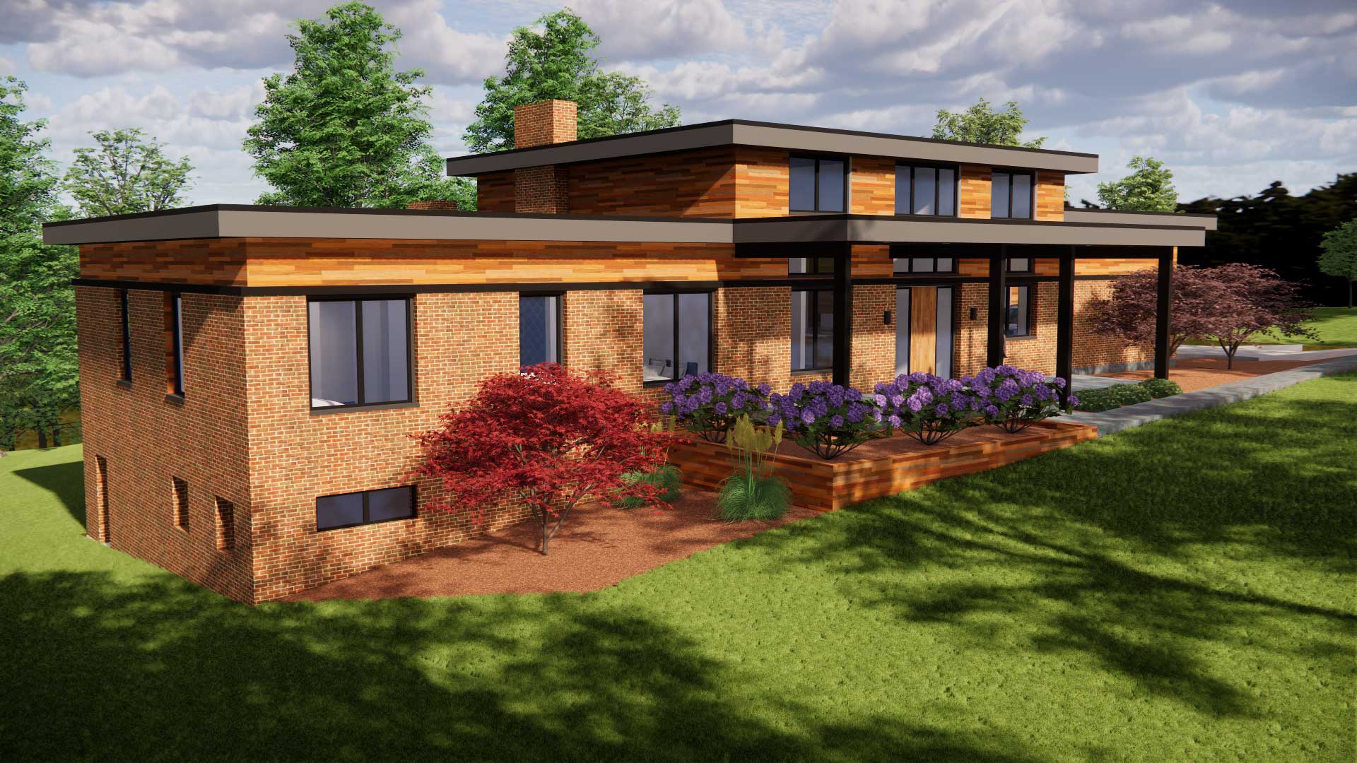 Modern brick house with flat roof, large windows, and a landscaped front yard (architectural rendering).