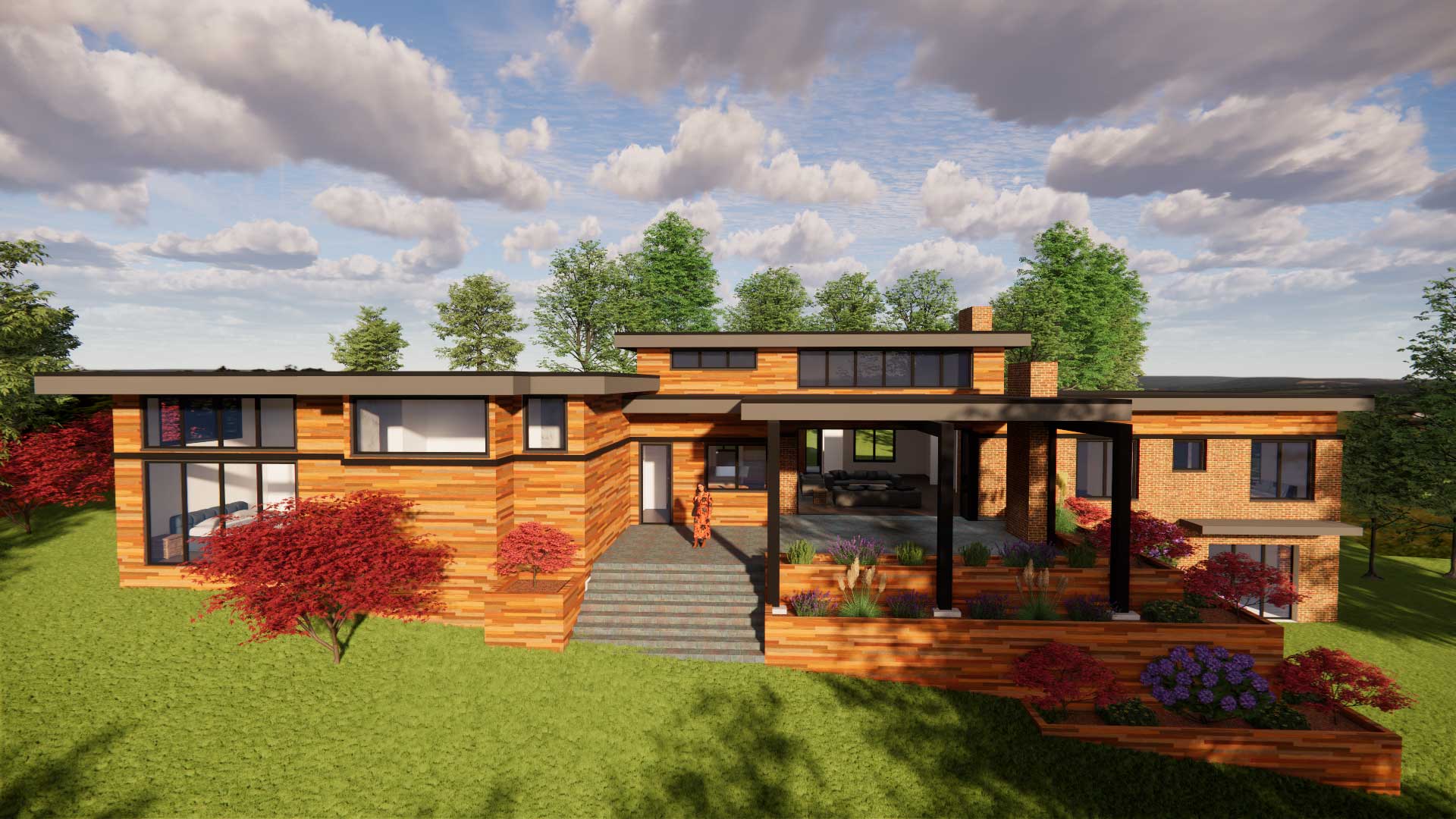 Front view of a modern two-story house with wood siding and brick accents, large windows, and a landscaped yard with trees and shrubs around.