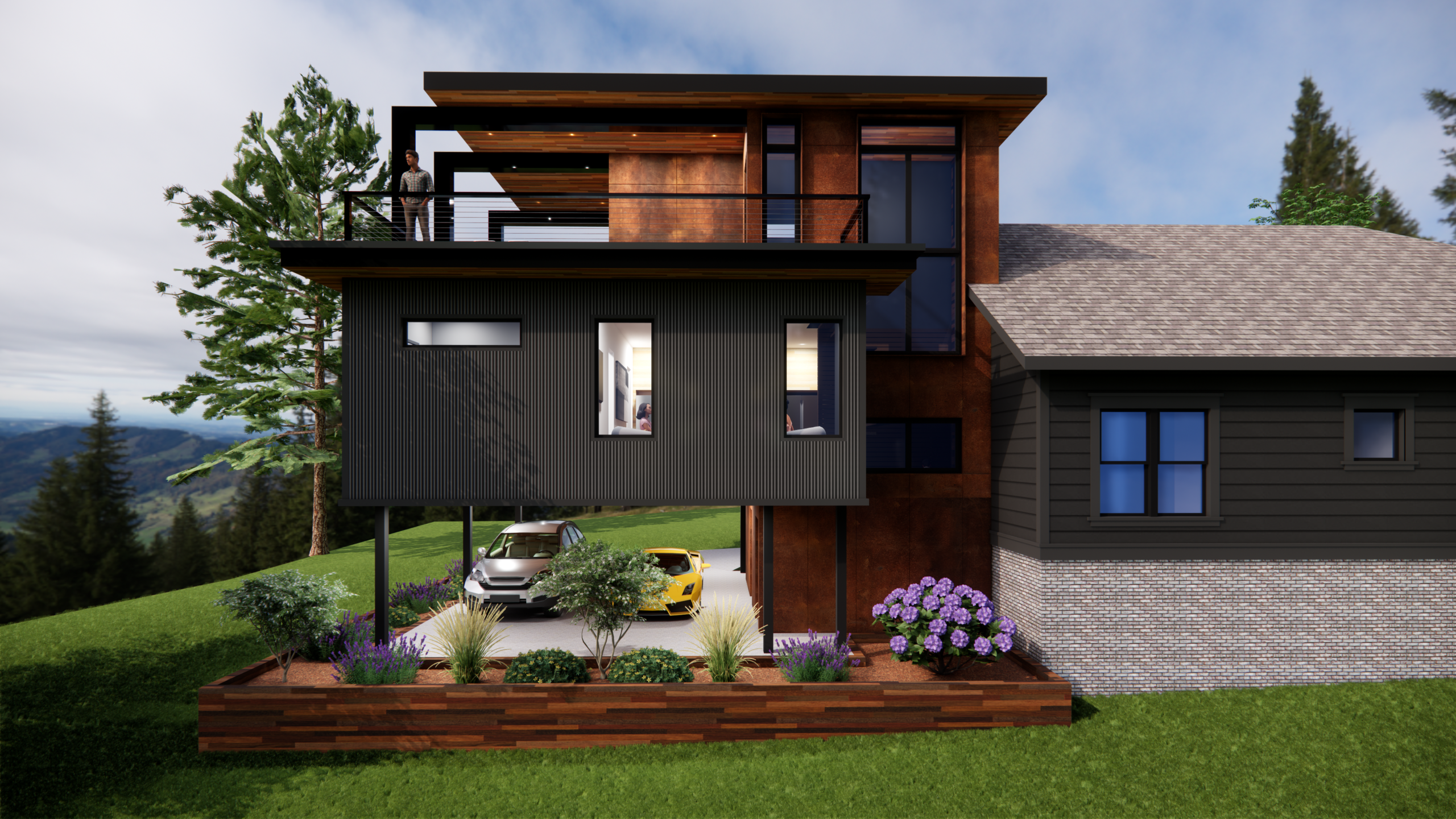 Modern multi-story house with dark siding, copper panels, large windows, balcony, and a landscaped front yard with two cars.