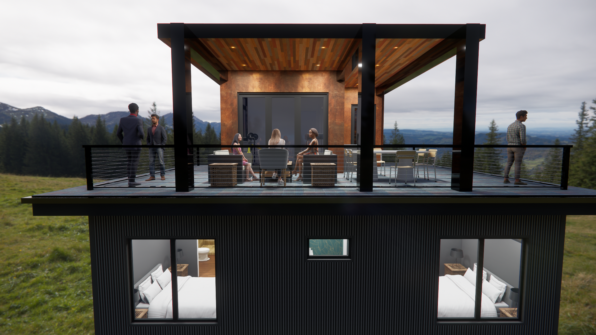 A modern house with an open rooftop deck where several people chat and mingle, overlooking a forested valley and distant mountains.