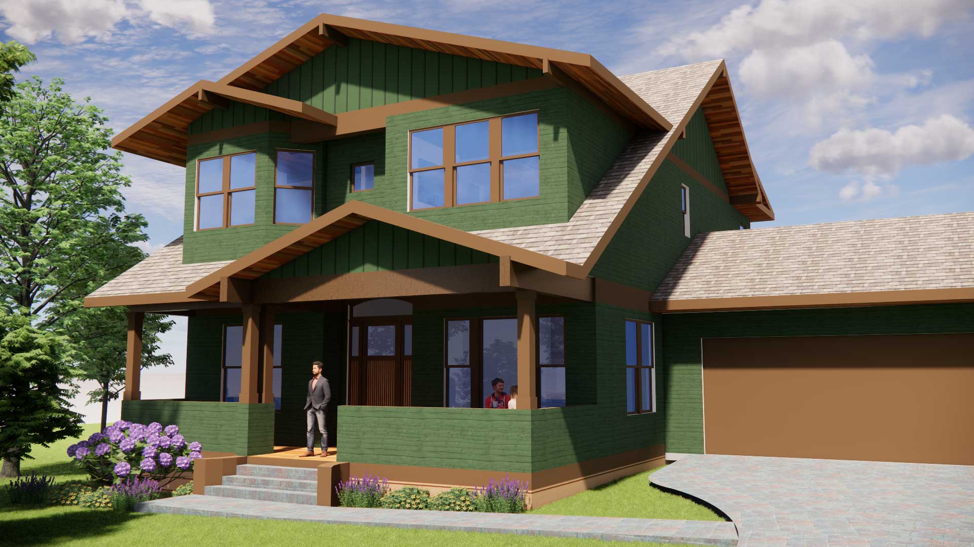 Green two-story house with brown trim and a covered front porch; two people stand on the steps.