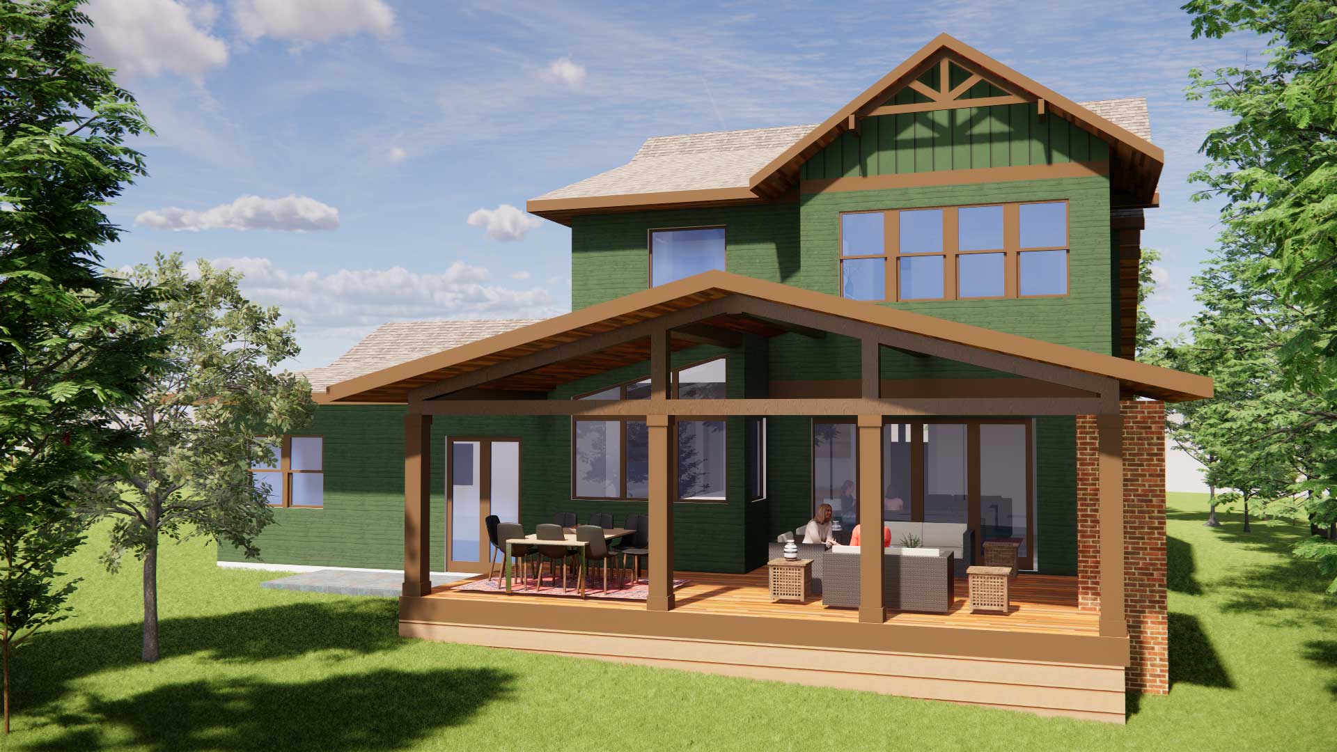 Two-story green brick house with a brown timber pergola and wooden deck dining area, surrounded by trees under a blue sky.