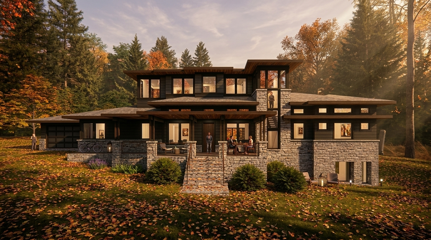 Modern two-story house with stone and dark wood siding, large windows, and a wraparound deck set in a fall forest, with people relaxing on the porch.
