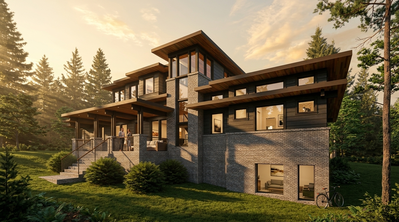 Modern multi-level brick-and-wood house in a forest setting at sunset; large windows, expansive balcony, and stairs leading to a living space outside.