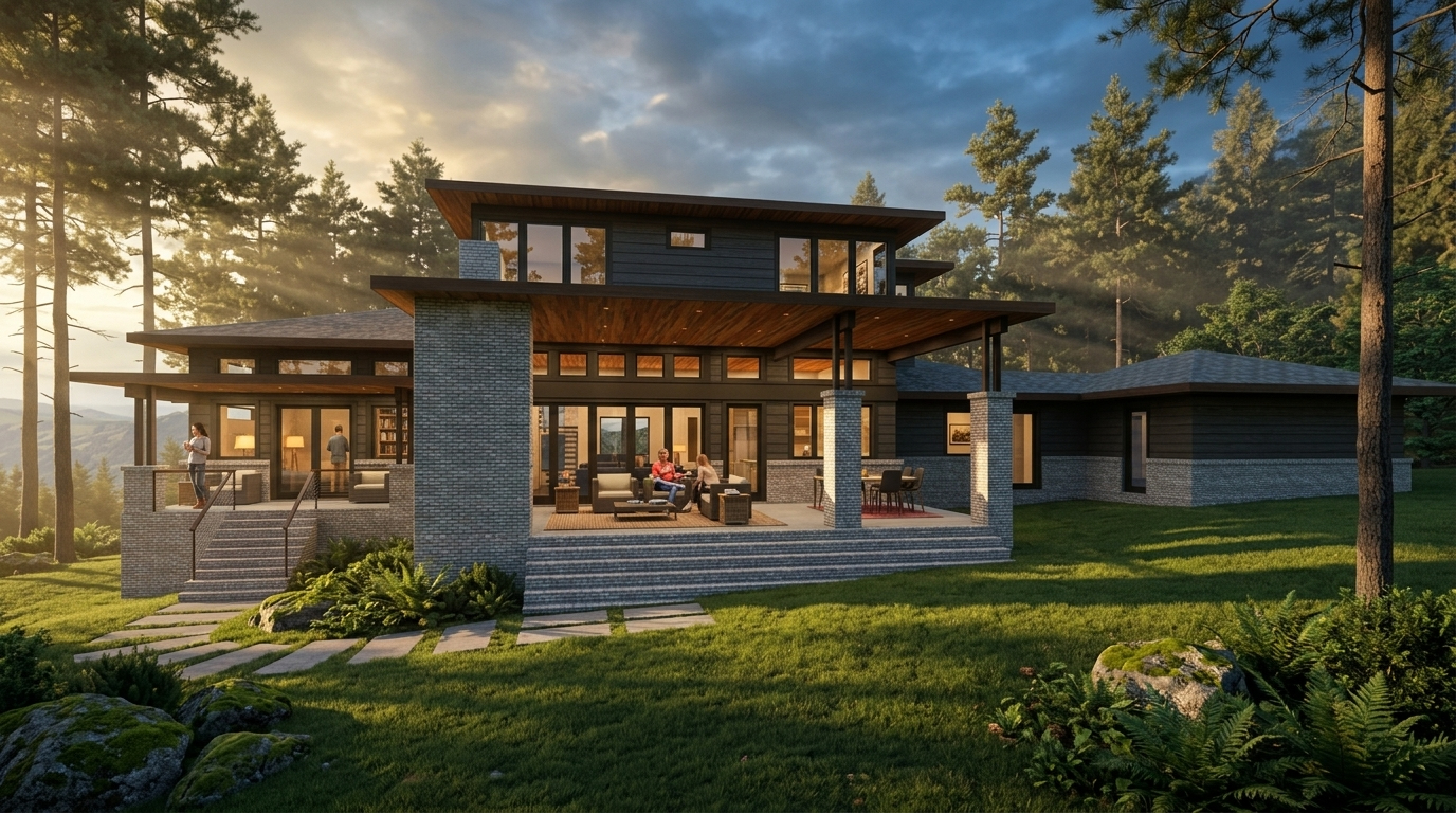 Modern two‑story house with a covered patio in a pine forest at sunset.