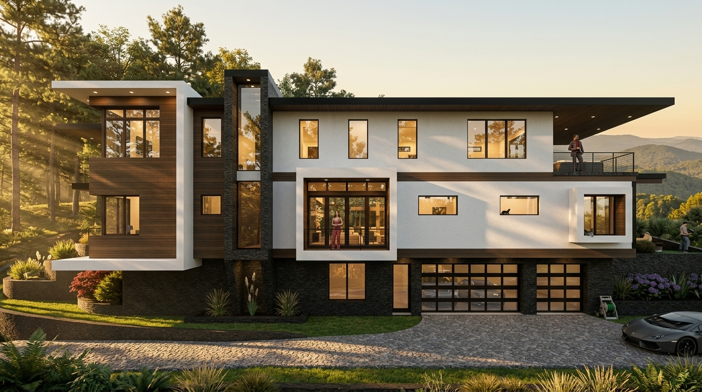 Modern two-story house with white and wood siding, black stone accents, large windows, and a three-car garage in a landscaped setting at sunset