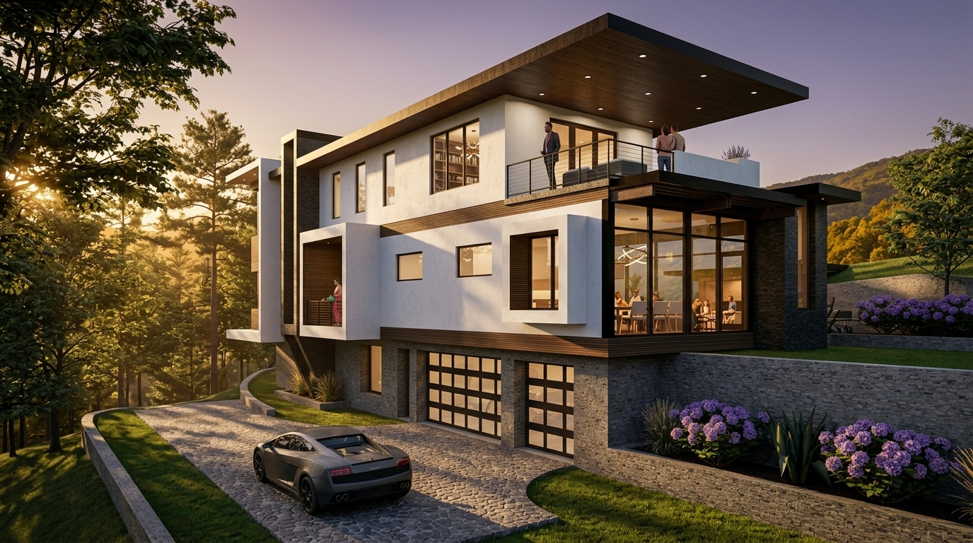 Modern hillside house with large glass walls, a gray sports car on a cobblestone driveway, and people on the upper deck at sunset.