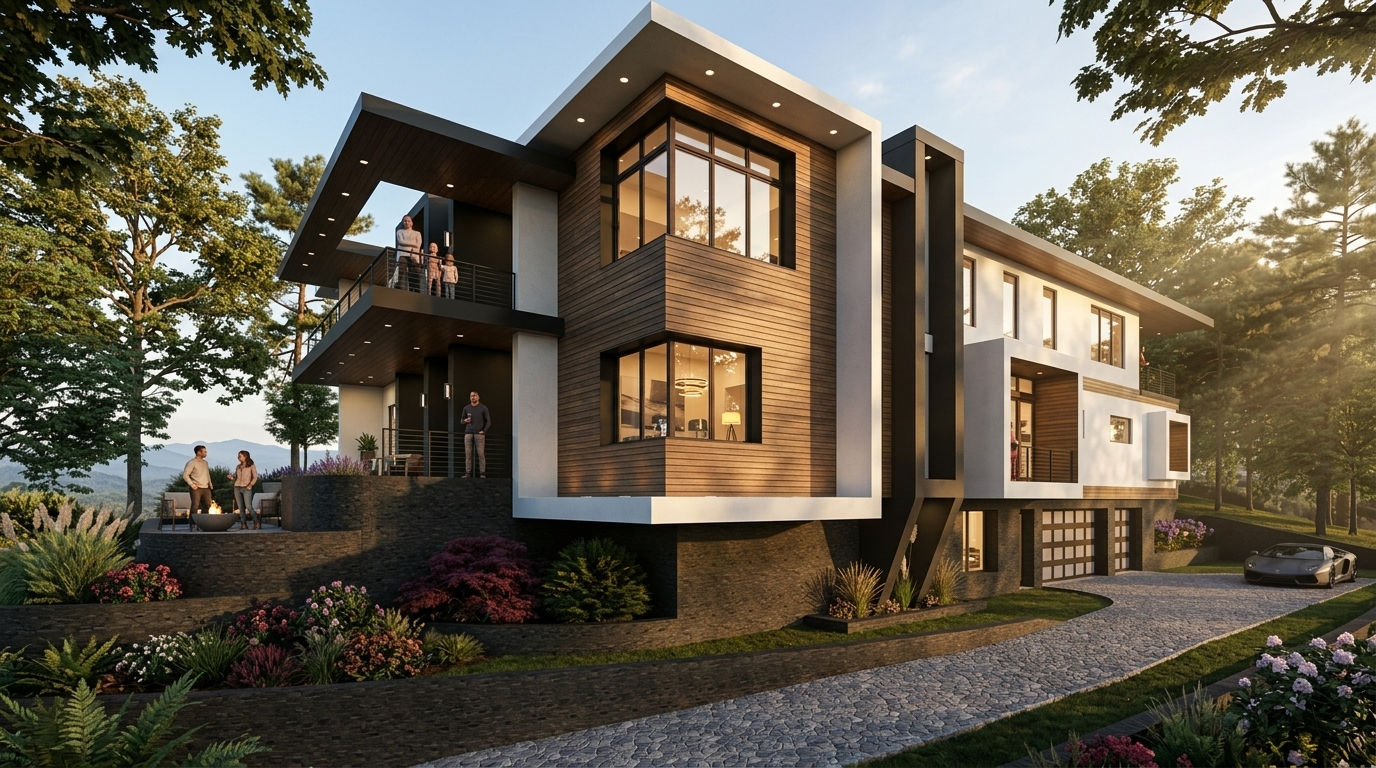 Modern two-story house with wood and gray facade, large windows, and balconies set in a landscaped lot at sunset.