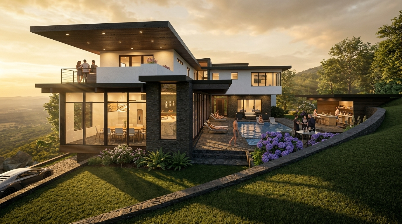 Modern hillside villa with glass walls, illuminated interior, and an outdoor pool at sunset.