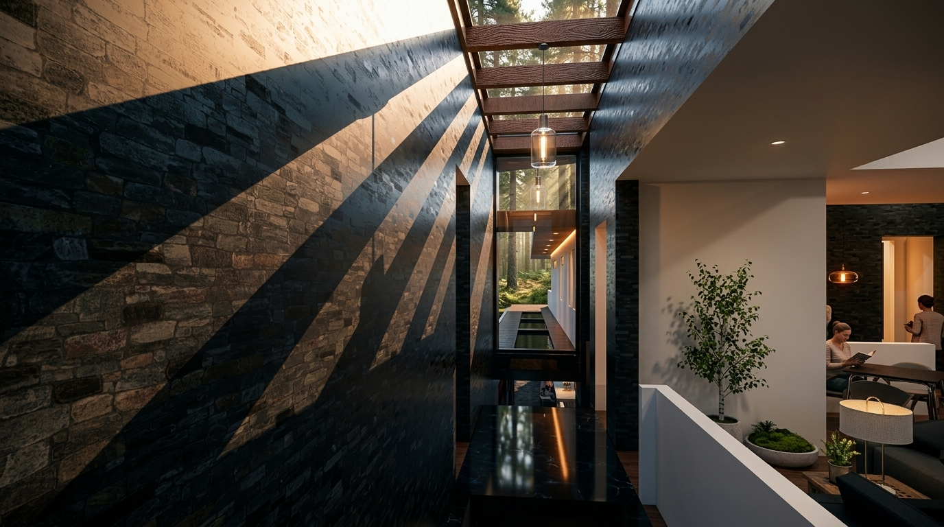 Modern hallway with stone walls and long diagonal shadows cast by a glass skylight.