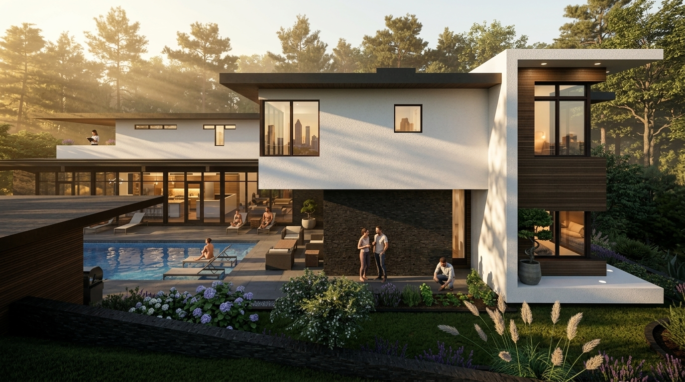Contemporary two-story home with large glass walls and a rectangular pool, people relaxing on the patio.