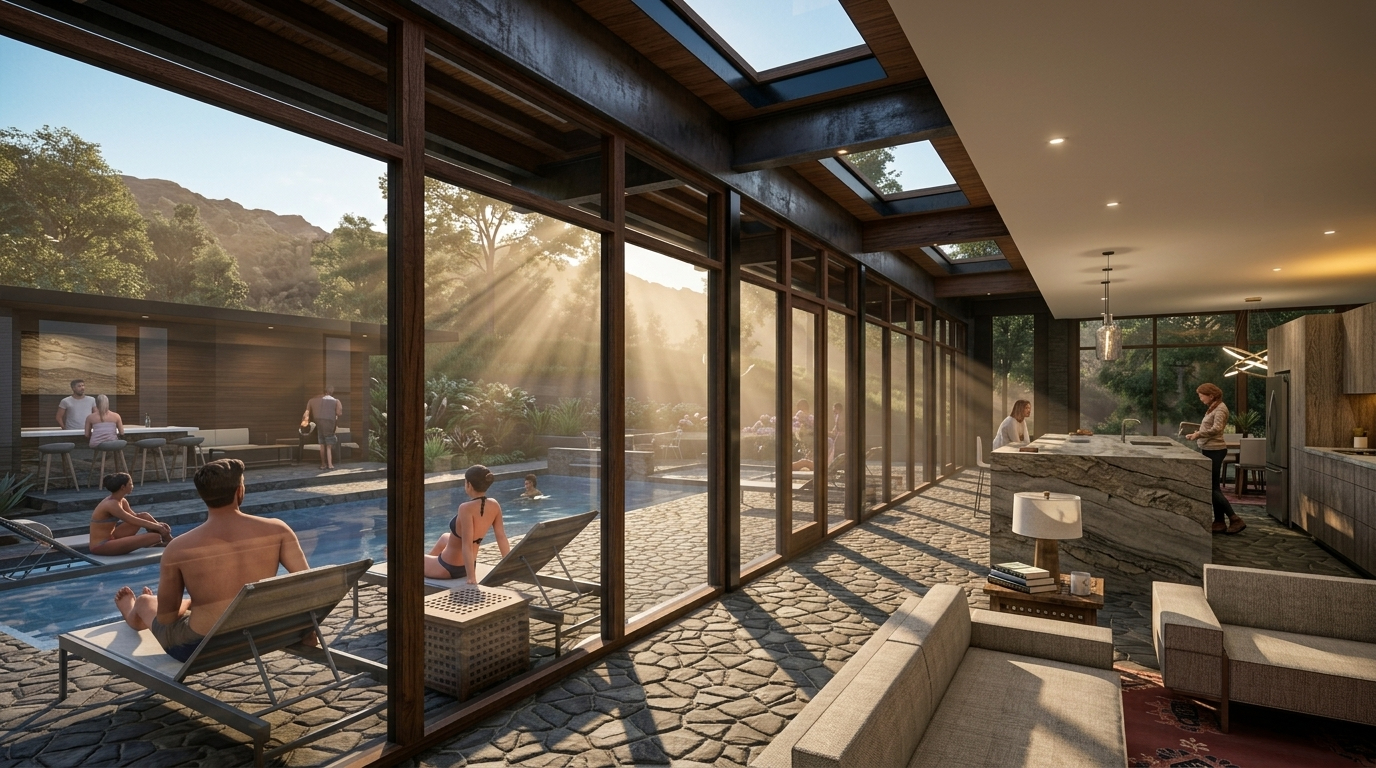 Open-plan living area with a marble island and gray sofas; glass walls overlook a sunlit pool where guests lounge by the water.