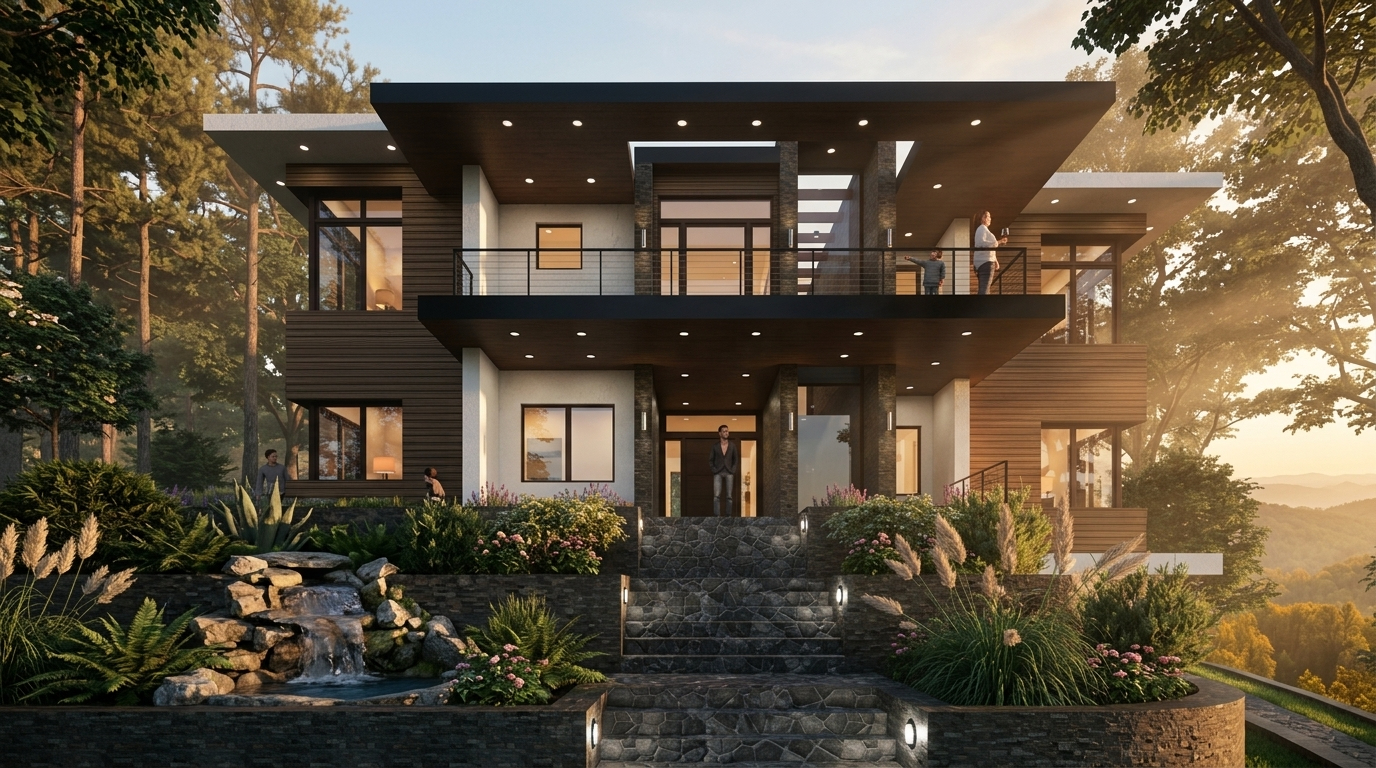 Modern two-story house with dark wood siding, broad balconies, and a landscaped front yard with a tiered stone staircase and a rock waterfall.
