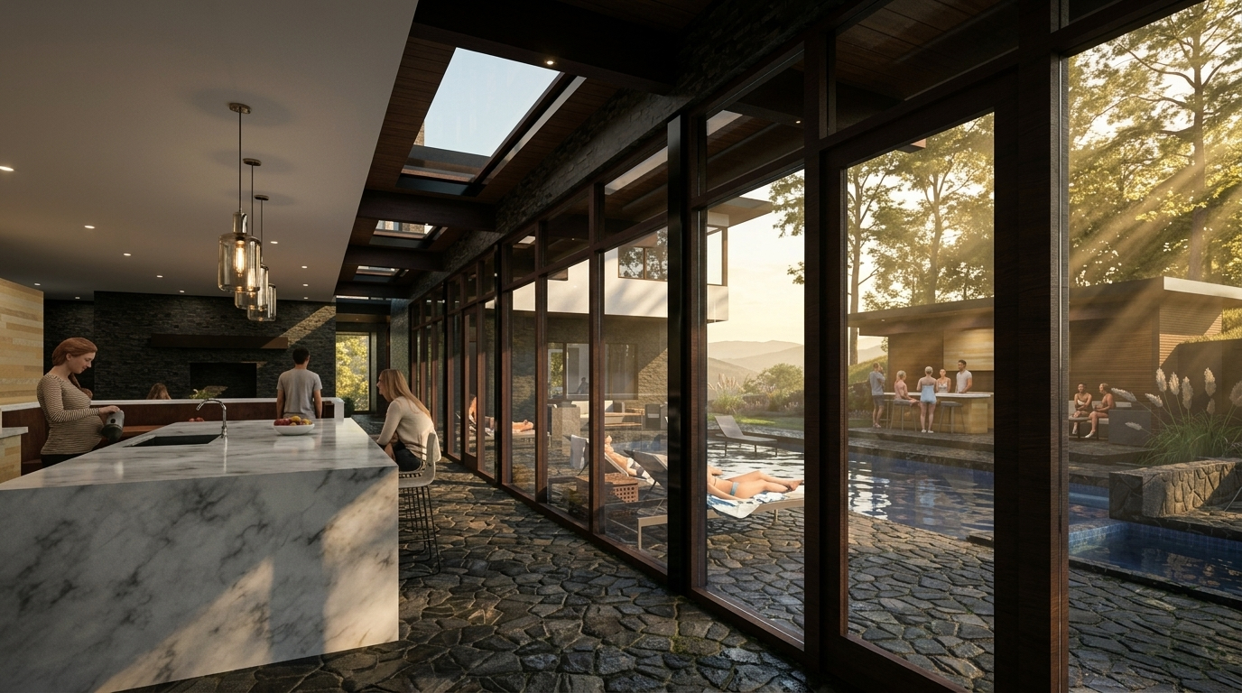 Open-concept kitchen with a marble island and pendant lights, looking out to a stone patio and pool through glass walls.