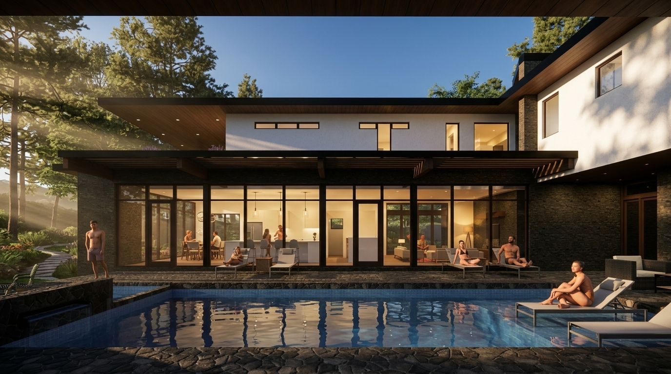 Modern two-story house with glass walls, poolside loungers, and people relaxing outdoors at dusk indoors visible through glass doors.