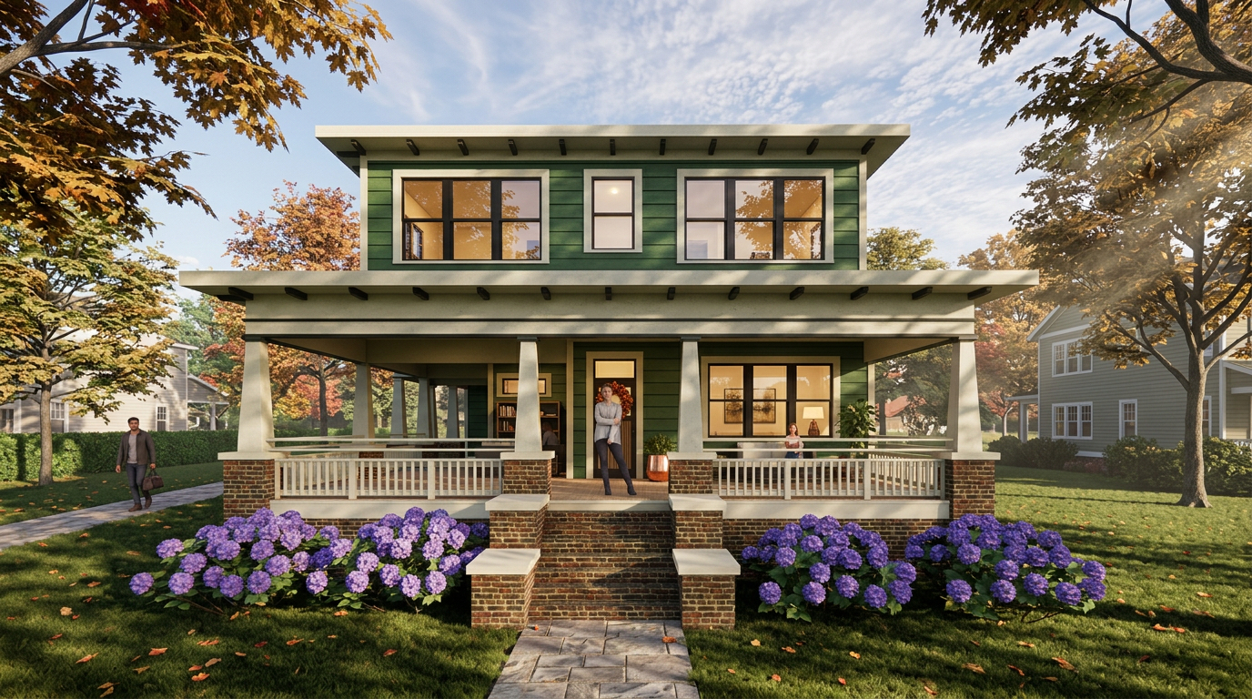 Two-story green house with a wraparound porch, brick steps, and purple hydrangeas in front; fall trees in the yard with people on the porch.