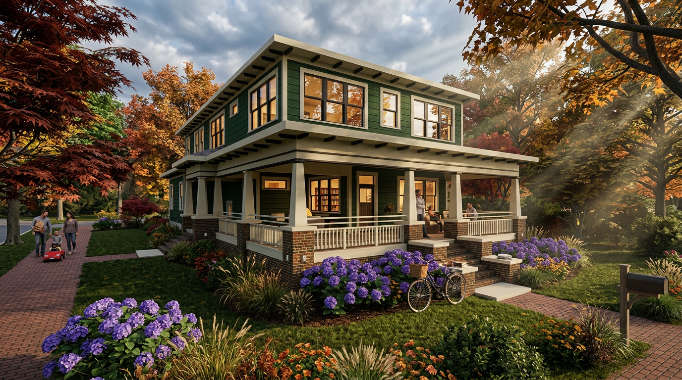 A two-story green house with a wide porch surrounded by colorful autumn landscaping and blooming hydrangeas.